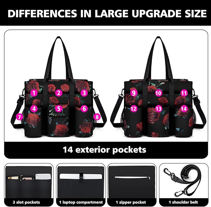 Utility Tote - Water Resistant with 19 Exterior/Interior Pockets - Large Women/Teacher/Work Bag