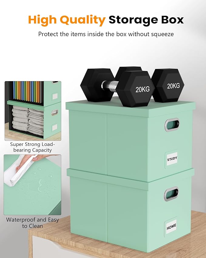 Oterri 2 Pack File Storage Organizer Box,Portable File Box with Lid,Fit for Letter/Legal File Folder Storage, Mint-green(Leather)