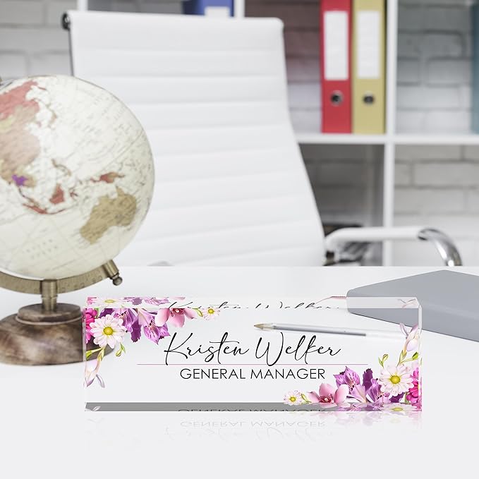 Personalized Name Plates for Office - Gifts for Teacher, Boss, Employee Appreciation - Office Desk Decor (Floral)