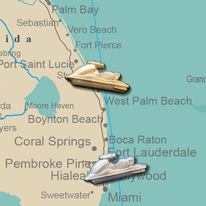 Jet Ski Push Pins - Gold Jet Ski Map Pins for Cork Boards, Maps, or Lapel Use - Designed in USA - Set of 4