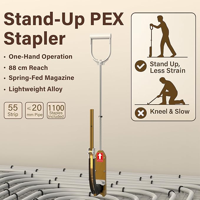 PEX Foamboard Stapler Kit with 1100 Staples, Stand Up PEX Staple Gun for Radiant Floor Heating, 1-1/2" Jam-Free Foamboard Staples Compatible with 1" & 2" Foam Board, Ergonomic D-Grip Handle