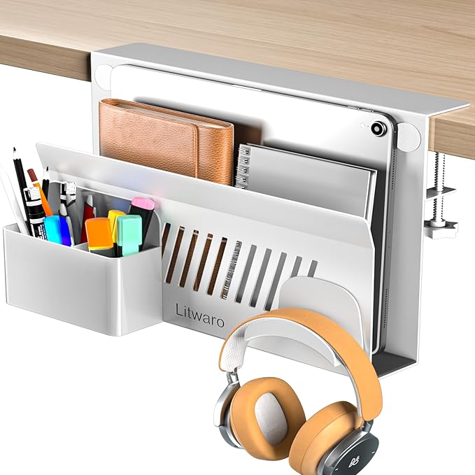 Litwaro Desk Side Storage Organizer, Under Desk Laptop Holder No Drill, Laptop Mount with Magnetic Pen Holder, Hanging Desk Organizer Fits Flat Edge Desks 0.4" to 2.1" (White)