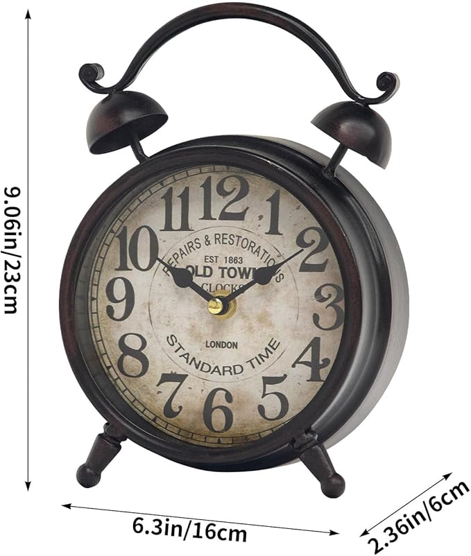 Vintage Dark Brown Desk Clock, Decorative Table Clock with Bell Top, Silent Non-Ticking Mantel Clock for Living Room or Bedroom, Wood Dial, Battery Operated