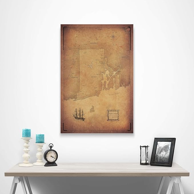 Conquest Maps Push Pin Rhode Island Map Board - With Push Pins to Mark Rhode Island Travels - Handmade in Ohio, USA - Design: Golden Aged