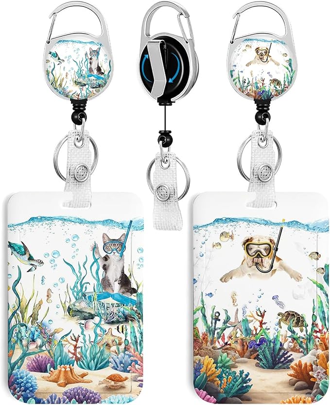 2 Pack Funny Diving Cat&Dog ID Badge Holder with Heavy Duty Retractable Reel Keychain for WomenStudents,Teachers, Nurses, Office Use 2