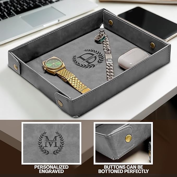 Engraved Leather Valet Tray for Men – Personalized Catchall with Custom Name for Desk, Dresser, Nightstand – Men's Organizer Tray for Keys, Wallet, Jewelry, Personalized Gift for Home, Office - Grey