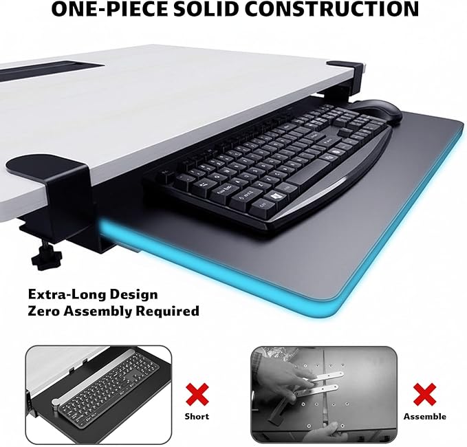 Large Keyboard Tray That Slides Out from Under The Desk, Pull Out with Adjustable C-clamp, 25.6 (31.5 Including Clamps) x 9.8 Inch Computer Keyboard Drawer Mouse Tray for Typing, Black