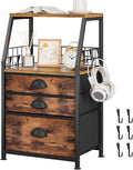 LASZOLA 3 Fabric Drawers Organizer Tower with 6 Hooks and 2 Shelves, Small End Side Table for Printer with Chest of Files Drawers, Ideal for Bedroom Living Room Office Dorm Under Desk, Rustic Bronze