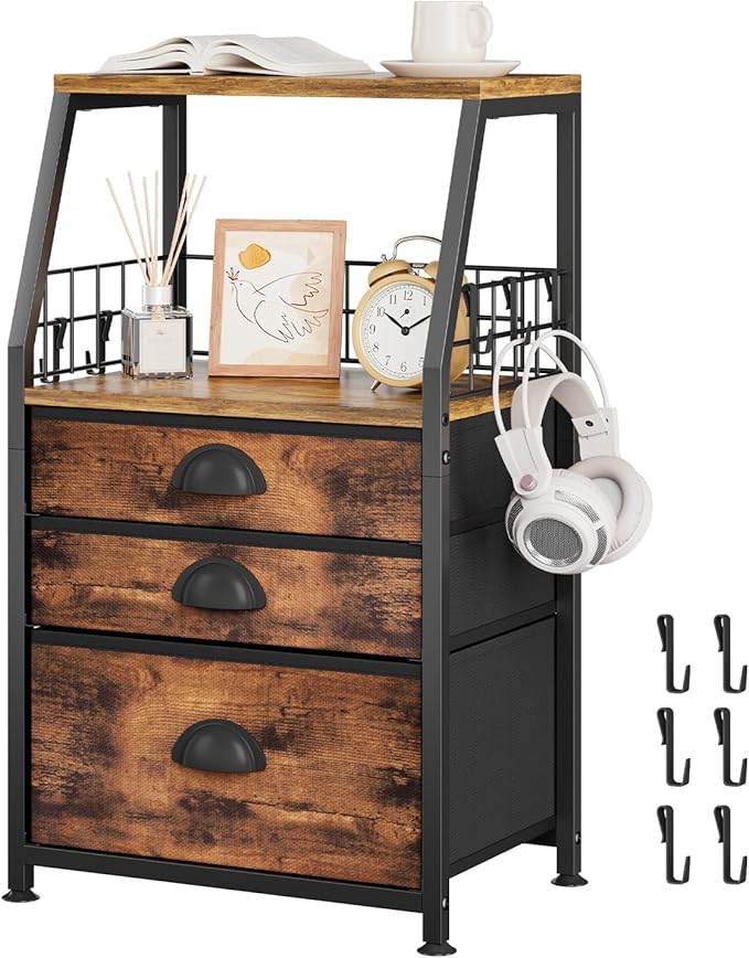 LASZOLA 3 Fabric Drawers Organizer Tower with 6 Hooks and 2 Shelves, Small End Side Table for Printer with Chest of Files Drawers, Ideal for Bedroom Living Room Office Dorm Under Desk, Rustic Bronze