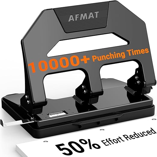 AFMAT Heavy Duty 3 Hole Puncher, 40-Sheet Paper Punch Heavy Duty, 50% Reduced Effort Three Hole Punch, 10K+ Uses, Metal Hole Puncher 3 Ring w/Large Tray, Bulit-in S.S. Paper Guide HPX2(Black)
