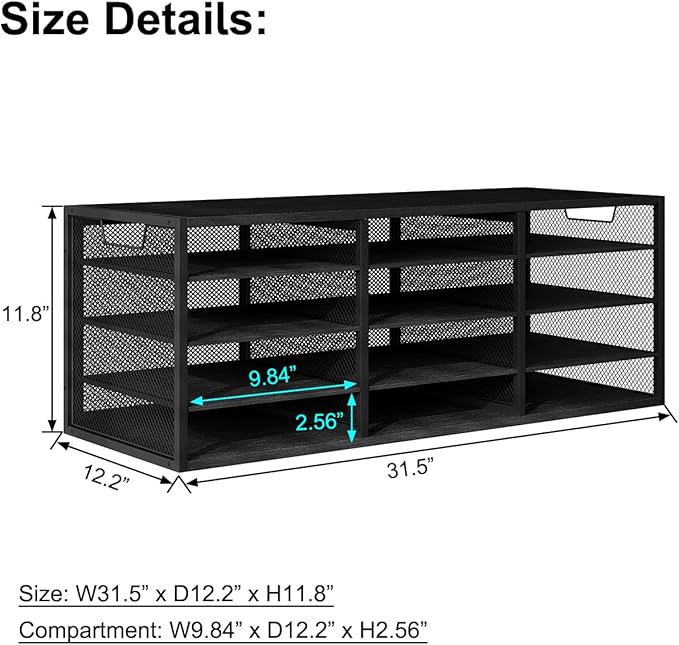 PAG Desktop Mail Sorter, Industrial Countertop Heavy Duty Literature Organizer, Student Mailbox for Classroom, Bill Paper Holder Rack for Office Home School, 12 Compartments, Black