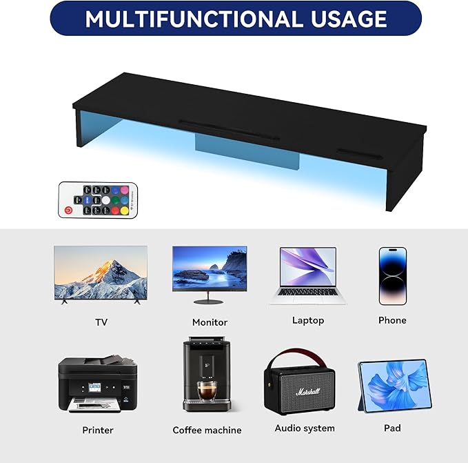 Dual Monitor Stand Riser with LED Lights and Phone Tablet Holder, 35.8in Large Monitor Stand for Desk, Computer Monitor Stand for 2 Monitors, Desktop Shelf Organizer for Laptop, Printer, TV