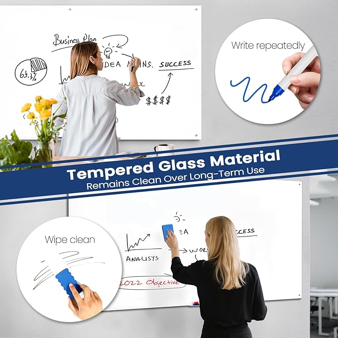 0.3mm Reinforced Metal Backing Glass White Board for Wall, 96" x 48" Extra Large Magnetic Pure White Tempered Glass Board with Frameless Design, 8' x 4' Dry Erase Board for Home, Office