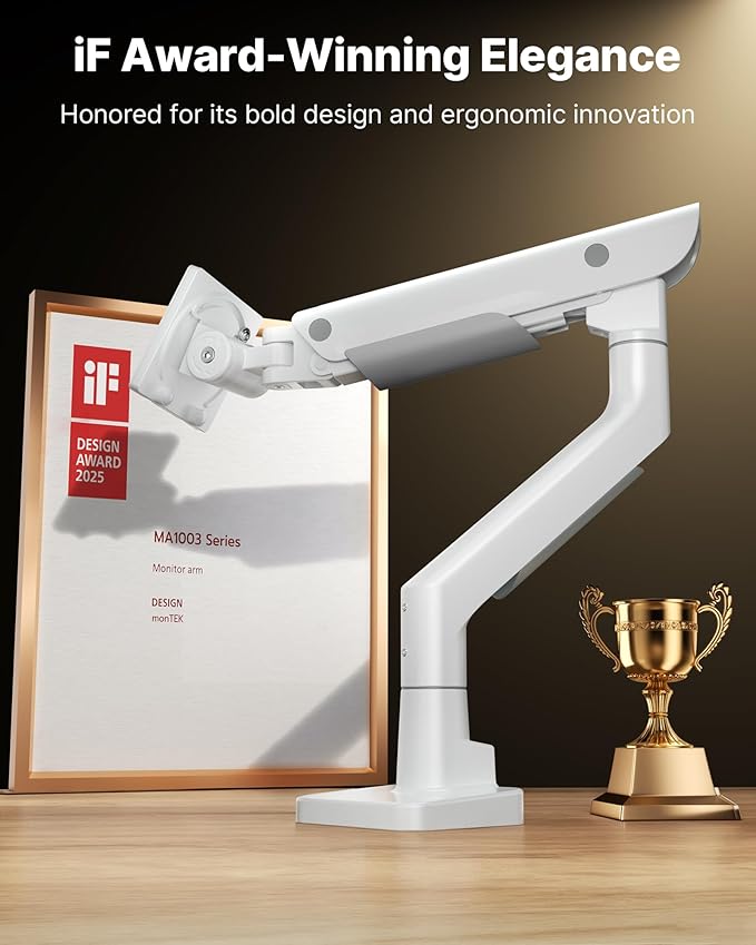 monTEK Sleek Aluminum Monitor Arm for 17–57” Ultrawide Screens up to 59.4 lbs, Heavy Duty Single Monitor Arm Desk Mount, Pneumatic Lift, Quick-Release Plate, Clamp/Grommet, Max VESA 100x100