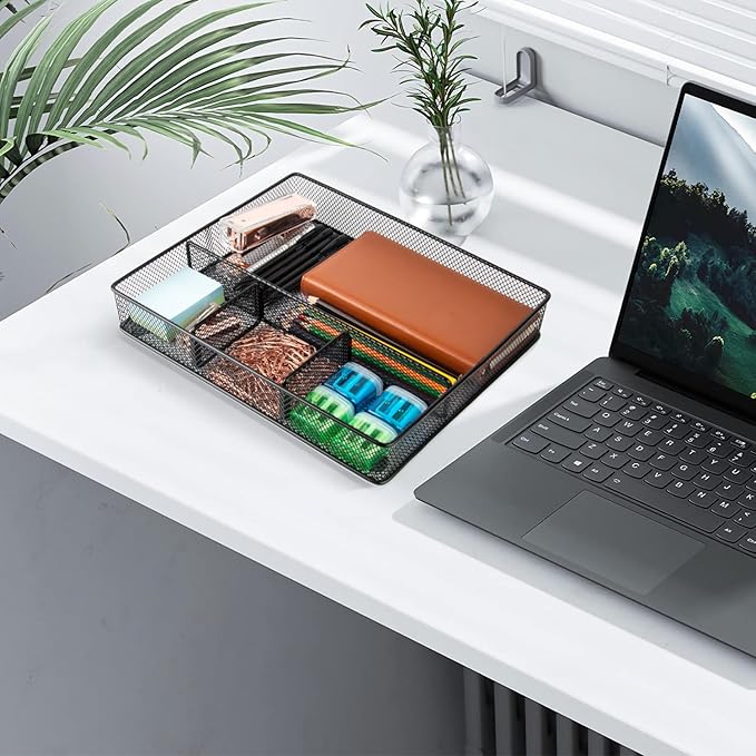 Desk Drawer Organizer Tray, Metal Mesh Drawer Organizers Office, 4 Grid with Adjustable Compartment, Desk Organizer Tray for Home Office 12x10.6x1.9 inch Black, 2 Pack