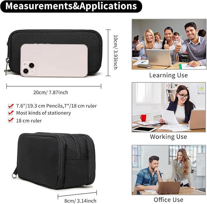 Della Gao Large Capacity Pencil Case, Aesthetic Pencil Pouch with 3 Compartments Nylon Storage Pen Bag Office Stationery Organizer for Women and Men- Black