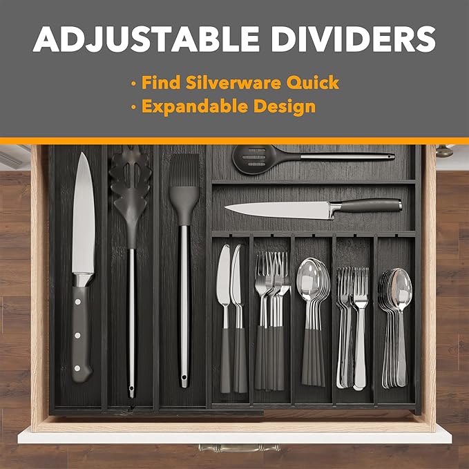 SpaceAid 2.5" High Bamboo Silverware Drawer Organizer with Labels, Kitchen Utensil Expandable Tray Holder for Flatware, Cutlery, Spoon and Knives Drawer Storage Organization (Black)
