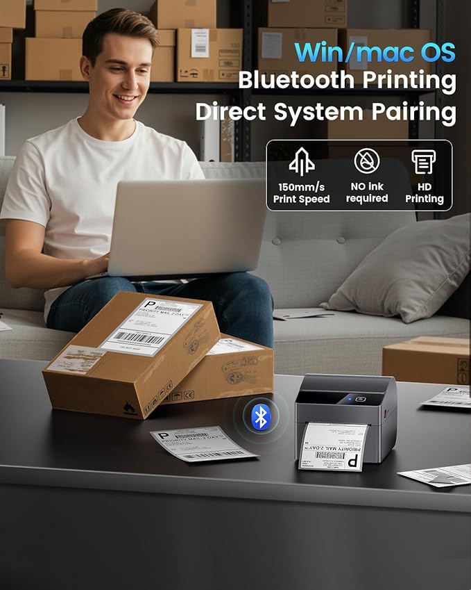 ASprink Bluetooth Shipping Label Printer 4x6, 2025 Upgraded Thermal Label Printer with Built-in Paper Bin, Thermal Printers for Small Business & Shipping Packages, Compatible with Amazon, Tiktok, USPS