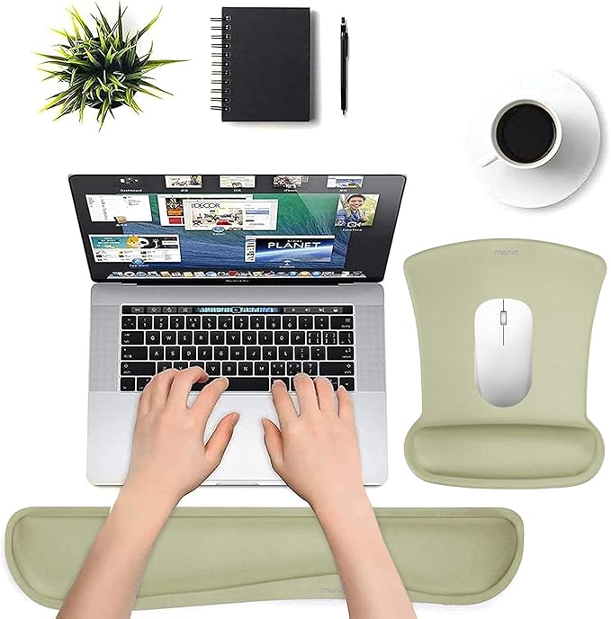 MOSISO Wrist Rest Support for Mouse Pad & Keyboard Set, Ergonomic Mousepad Non-Slip Base Home/Office Pain Relief & Easy Typing Cushion with Neoprene Cloth & Raised Memory Foam, Olive Green