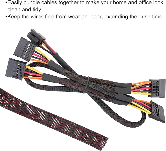 100ft PET Expandable Wire Loom 1/2 Inch, PET Braided Wire Sleeving Cable Management Sleeve Tubing [for Audio Video Home Office Cord Protector]-Black Red