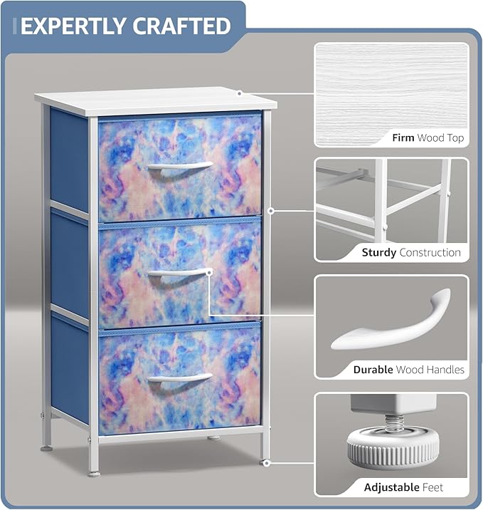 Sorbus Nightstand with 3 Drawers - Bedside Furniture & Accent End Table Chest for Home, Bedroom, Office, College Dorm, Steel Frame, Wood Top, Easy Pull Fabric Bins (3-Drawer, Pastel Tie-dye)