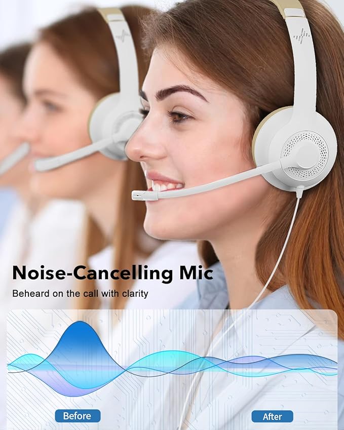 JIAMQISHI USB Headset with Microphone for PC, On-Ear Computer Laptop Headphones with Noise Cancelling Mic in-line Control for Home Office Online Class Zoom (USB+3.5mm, White)