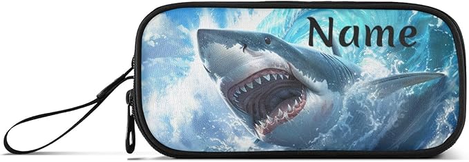 Custom Shark Blue Ocean Wave Pencil Case Box Boys Girls Personalized Name Large Pencil Pouch Stationery Pen Bag Organizer for Kids Adults School Office