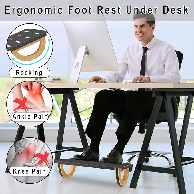 Ergonomic Rocking Foot Rest for Office, Wooden Footrest for Posture Support & Blood Circulation, Under Desk Chair Foot Rest Metal for Relieve Back, Lumbar Pain