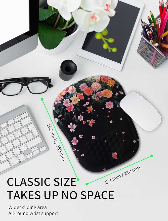 Hokafenle Ergonomic Wrist-Hugging Mouse Pad Wrist Support, U-Shaped Holding Wrist Rest Mousepad for Carpal Tunnel Pain Relief with Cushioned Memory Foam Slope Massage Bulge (10.2x8.3 in,Fall Flower)