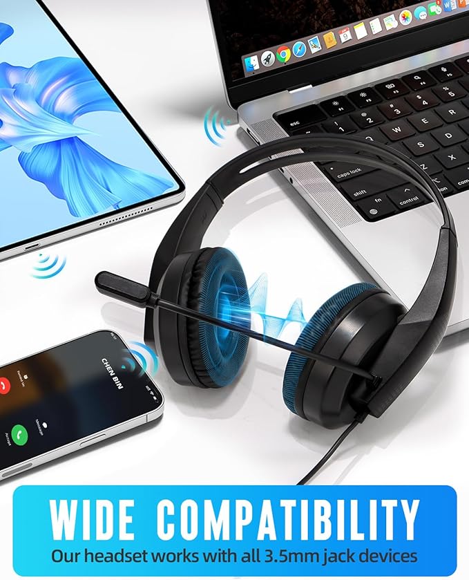 Grstltd Wired Headset with Mic for Laptop – Computer Headset for Kids Teens Adults with Noise Canceling Microphone & Volume Control – 3.5mm Stereo Headphones with Mute for Home Office Class
