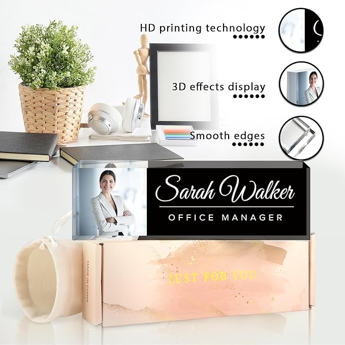 Personalized Desk Name Plate with Photo, Custom Name Plate for Desk, Office Decor for Women Men, Acrylic Desk Accessories, Office Gifts for Boss Manager Nurse Teacher, Employee Appreciation Gifts