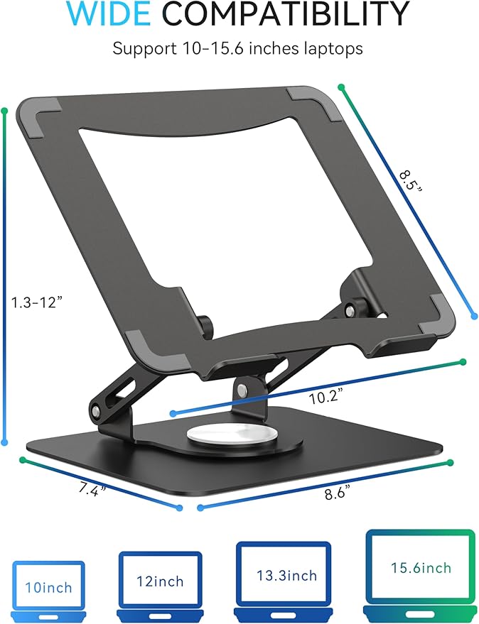 SOUNDANCE Laptop Stand with 360° Rotating Base, Ergonomic Computer Riser for Desk, Adjutable Height Muti-Angle, Foldable Laptop Mount, Stable Metal Holder Support 10-15.6" Notebook PC, Black