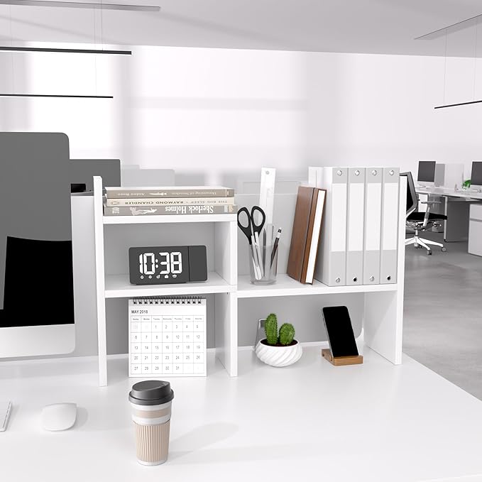 Jerry & Maggie - Desktop Organizer Office Storage Rack Adjustable Wood Display Shelf | Birthday Gifts - Toy - Home Decor | - Free Style Rotation Display - True Natural Stand Shelf (White)