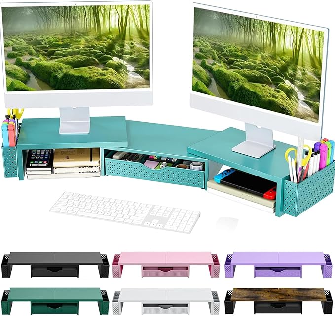 Spacrea Metal Desk Organizers and Accessories, Dual Monitor Stand Riser with Drawer and 2 Pen Holders, Desk Accessories & Workspace Desktop Organizers for Office Supplies (Blue)