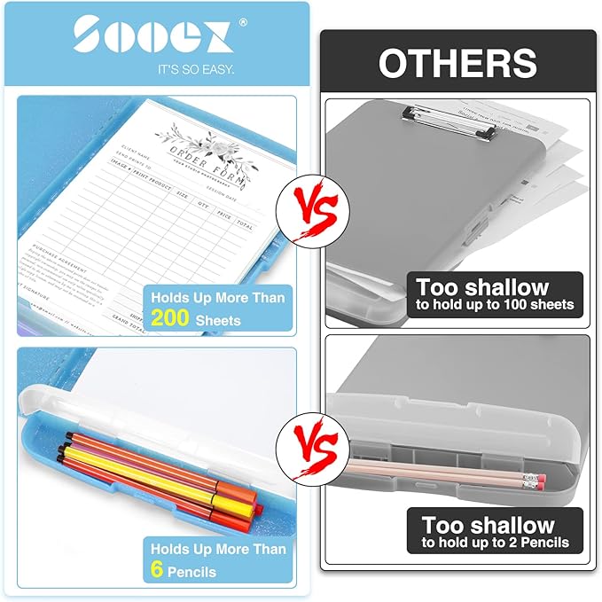 Sooez Glitter Clipboard with Storage, High Capacity Clip Boards 8.5x11 with Pen Holder, Cute Clipboards with Low Profile Clip, Sparkle Plastic Organizer Case Box for Women & Kids, Side Opening