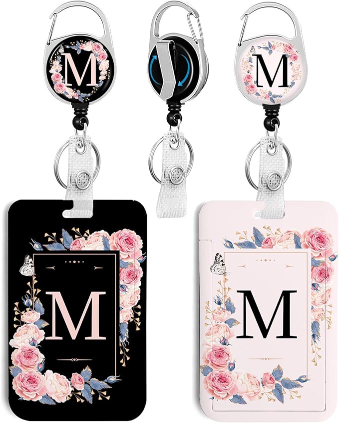 2 Pack A-Z Letter ID Badge Holder with Clip Badge Reels Retractable Heavy Duty,Keychain，ID Holder for School Nurse Office M