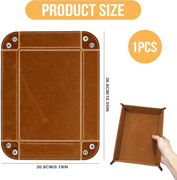 PU Leather Jewelry Valet Tray for Women and Men, Premium Catchall Tray for Keys Wallet Watch Jewelry Glasses and Candy, Large Nightstand or Dresser Organizer 8x6 Inch Brown