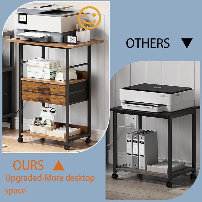 Large Printer Stand with Storage Fabric Drawer Under Desk Printer Table with Wheels for Home Office, Printer Cart fit Fax Machine Scanner (Rustic Brown, 3 Tiers)