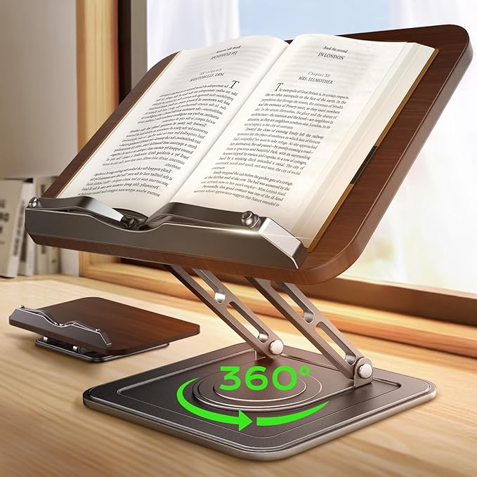 Book Stand for Reading, Adjustable Book Holder with 360°Rotating Bases, Ergonomic Cookbook Stand Recipe Book Holder with Elastic Page Clips for Magazines, Tablets, Laptops
