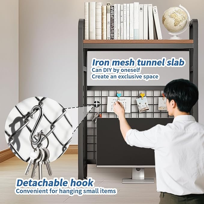 Desk Shelf Bookcase 1-Tier Metal Desktop Bookshelf Hutch with Grid Panel and DIY design possible Multipurpose Storage Organizer Display Rack for Dorm Office Home Computer Desk(White 21.7"×7.9"×38.6")