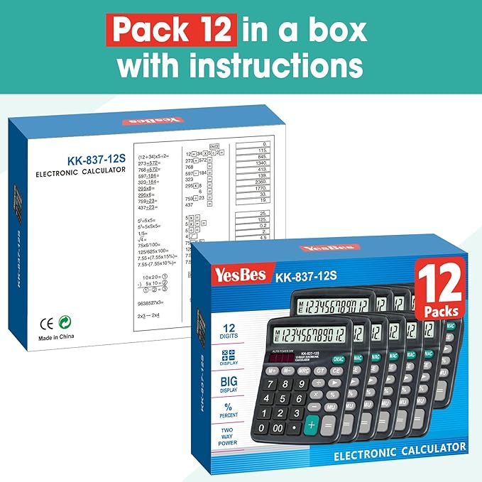 12 Pack Calculator Bulk, 12 Digits Calculators Desktop with Large LCD Display and Sensitive Butto, Solar and Battery Dual Power, Desk Calculator for Office, School, Home