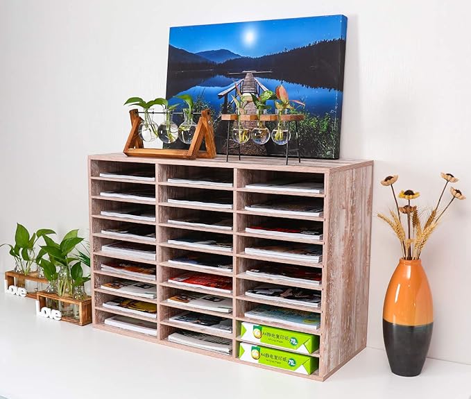 PAG Mail Sorter, Wood Literature Organizer, Student Mailbox for Classroom, Desktop Bill Paper Organizer for Office Home School, 27 Compartments, Retro White