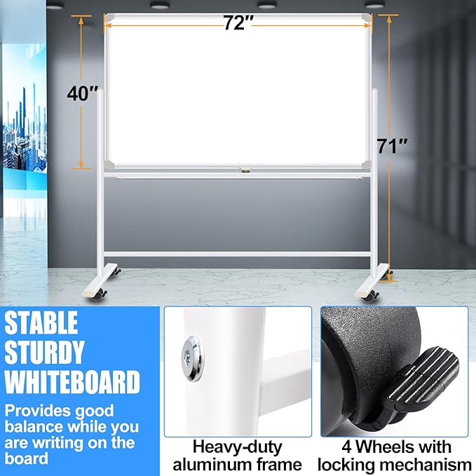 Dry Erase Board with Stand - 72x40 Double Sided Large Standing Whith Board, Mobile Whiteboard on Wheels for Home Classroom Office, Rolling Magnetic Whiteboard Easel for Meeting, Training