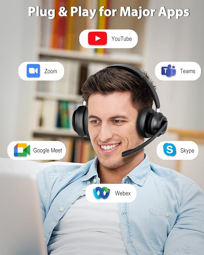 Blue Air Wireless Headset with Mic for Work, Bluetooth 5.1 Headphones with Noise Canceling Microphone, USB Dongle, 45H Playtime, Clear Calls & Mic Mute for PC, Laptop, Call Center, Teams, Black