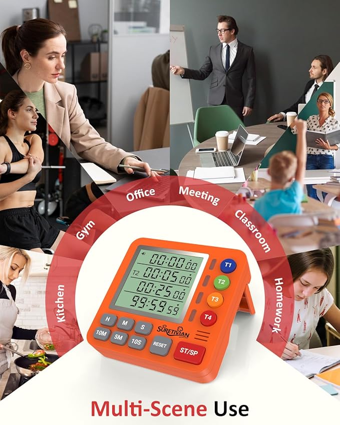 Digital Kitchen Timer for Cooking - 4 Channel Count Up Countdown Timer with Loud Alarm and Silent Mode, Large Display, Magnetic Back, Auto Memory for Classroom Study Gym, Battery Included (Orange)