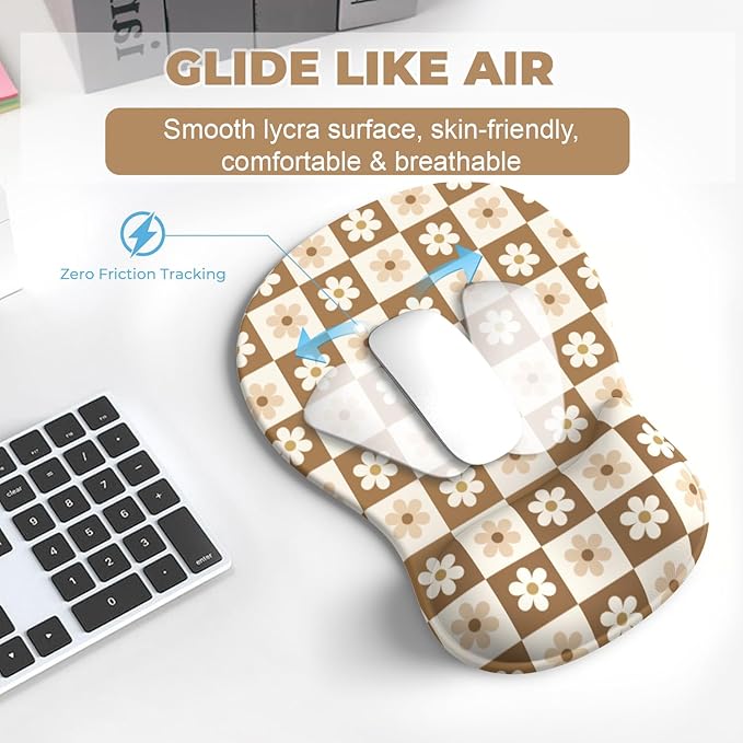 Mouse Pad with Wrist Rest, 3-in-1 Premium Lycra Fabric Memory Foam Ergonomic Wrist Support for Keyboard, Laptop & Desktop, Pain Relief Mousepad with Non-Slip PU Base for Office & Home (Flower Plaid)