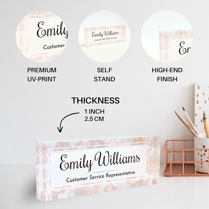 Customized Clear Acrylic Thick 8x3" Desk Name Plate Block with Personalized Logo - Professional Office Decor - Customized Acrylic Plate Gift for Teacher Co-workers, Christmas Gifts for Her, Thanksgiving Gifts (Mother of Pearl)