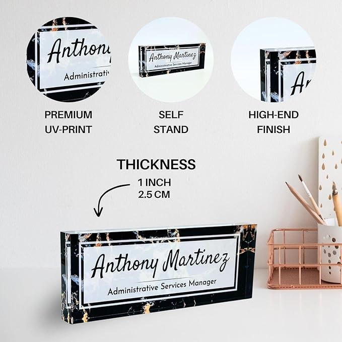Customized Clear Acrylic Thick 8x3" Desk Name Plate Block with Personalized Logo - Professional Office Decor - Customized Acrylic Plate Gift for Teacher Co-workers, Christmas Gifts for Her, Thanksgiving Gifts (Black Marble)