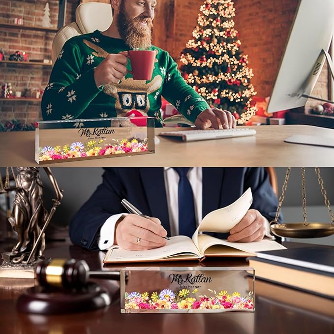 Personalized Desk Name Plate, Personalized Office Gift, Office Name Plaque for Desk, Office Floral Decor for Women (Flower Bush 1)