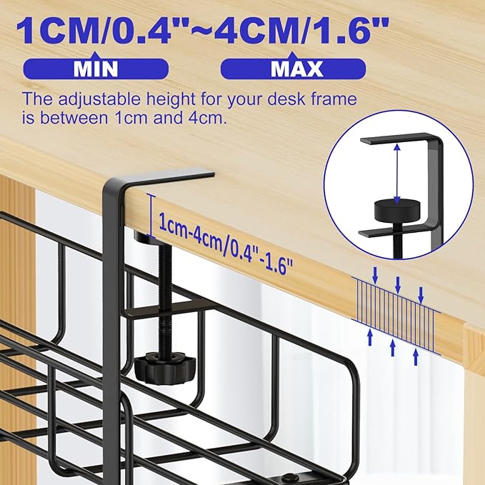 Under Desk Cable Management Tray, 31.5'' No Drill Steel Cable Tray Organizers, Wire Management Tray Cable Rack with Clamp Mount, Metal Under Desk Tray with Wire and Cord Organizer (Black, 1 Pack)
